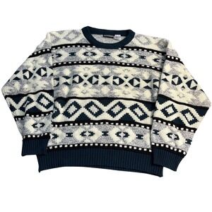 Expressions Vintage Mens XL Geometric Tribal Knit Sweater Navy Grey Cream 90s